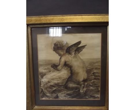 A pencil and wash drawing of a cherub playing in the waves, 9" x 10" 