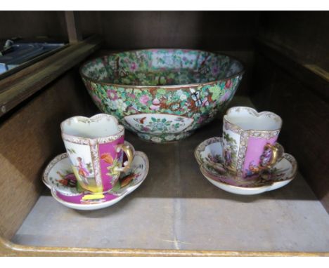 A pair of Dresden cabinet cups and saucers and a 20th century Chinese famille rose bowl 26cm diameter