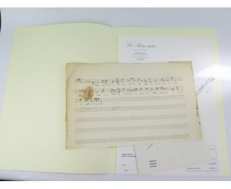 Offenbach: A handwritten musical manuscript, words and music, 13 bars, 'Passe demain a toi ma vie, Le soir nous irons au Prad