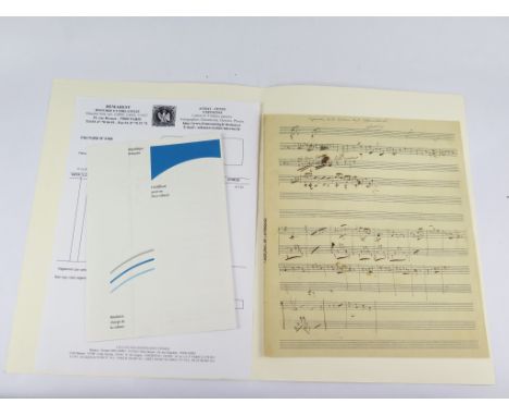 Offenbach: A handwritten musical manuscript, 40 bars, with certificate from French Ministry of culture Part of the late Peter