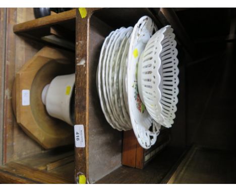 Eight various continental latticework plates, a Tunbridge cribbage counter box, a jelly mould and others