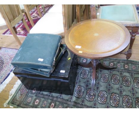 A black tin box, and a Byron typewriter and a tripod table