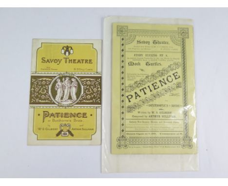 Gilbert & Sullivan: Original programmes for Patience at The Savoy Theatre, in two designs, one dated in pencil 28th October 1