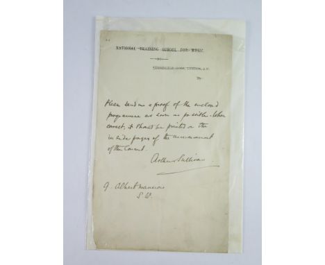 Arthur S. Sullivan: A signed letter by the composer on National Training School for Music headed paper (Kensington Gore, Lond