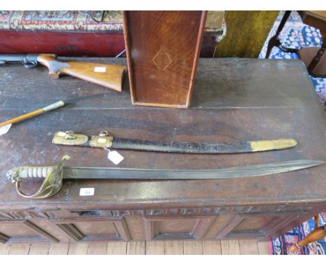 A 19th century Royal Navy officers sword, with shagreen handle and leather scabbard, the blade and scabbard inscribed Dudley 