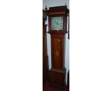 An early 19th century provincial oak and mahogany crossbanded longcase clock, the square painted dial signed S Pearce, Honito