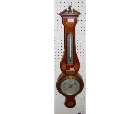 A small mahogany, satinwood inlaid and chequer strung two dial wheel barometer by Negretti &amp; Zambra of London, height 66.