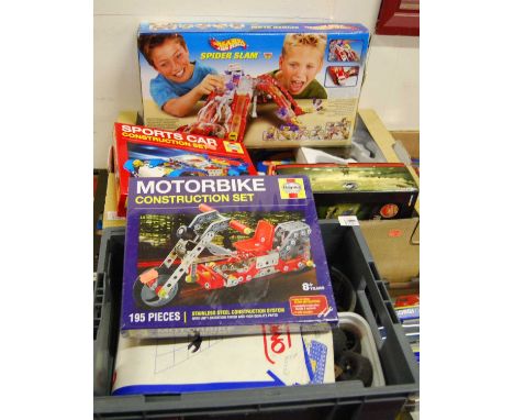 Two boxes of modern issue toys, to include Hot Wheels Spider Slam, Haines Sports Car constructor set, Corgi Predators of the 