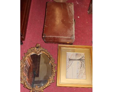 A faux leather suitcase, Bridget Keir - river landscape, watercolour with body colour, signed lower left, and a gilt composit