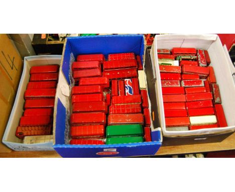 Five boxes of mixed buses, to include Matchbox The London Souvenir Jubilee Bus, Solido double-decker etc