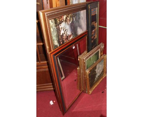 Assorted reproduction prints to include after the Old Masters, and a modern gilt framed wall mirror to include maritime oleog