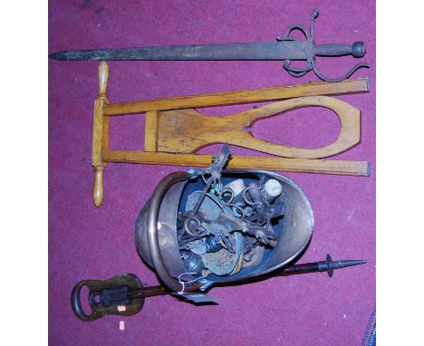 A copper helmet shaped coal scuttle; together with a boot-jack, shooting stick, a sword, and various hand tools and metalware