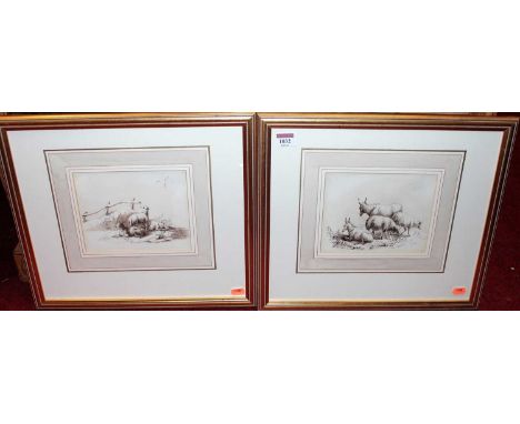 Mid-19th century school - Sheep in a landscape, sepia watercolour sketch, signed with monogram HPC and dated 1840, 15 x 18.5c
