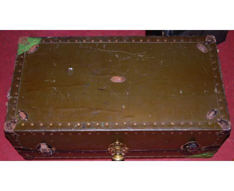 An early 20th century canvas and metal bound military travelling trunk, titled 'A Broadhurst, 134 Humberstone Lane, Thurmasto