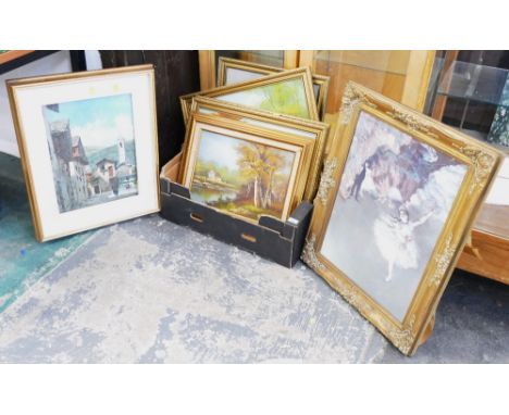 Gilt framed paintings and prints ballerina, Russell Flint street scene print and four landscapes 