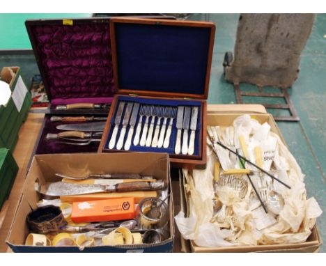 (Napkin rings &amp; fish servers WITHDRAWN)&nbsp; Late 19th century cased antler handled carving set, cased dessert services,