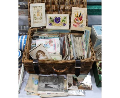 Hamper of vintage postcards, First World War silks, comedic and topography 