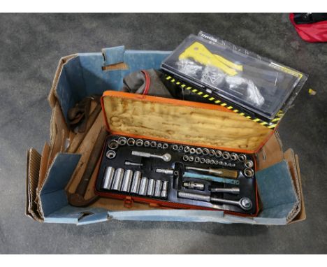 Box of tools, socket set, pliers, hammers, small Record plane etc  