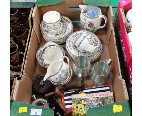 Indian Tree part tea set, cigarette cards, vintage tape measure, hip flask, whistle etc 