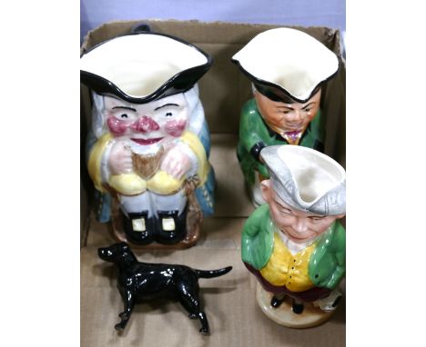 Three Toby jugs, one is Clarice Cliff and a Beswick hound