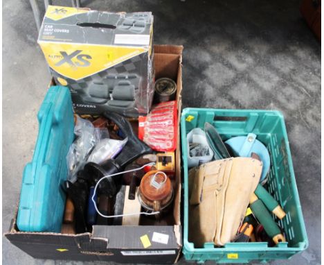 Two boxes of tools, tool bolt, tape measure, car seat covers, lasts etc 