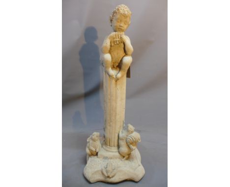 A reconstituted stone statue of a faun sitting on a pillar playing his pipes to woodland critters. H-85cm 