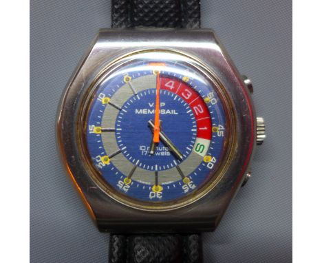 A rare 1970s V.I.P. Memosail Regatta Countdown gentleman's Chronograph wristwatch, 17 Jewel Movement the blue and white dial 