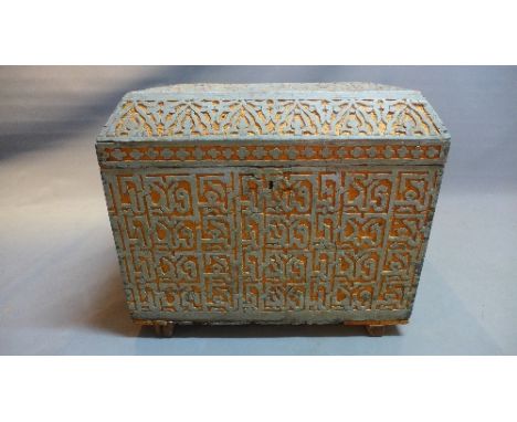 A 19th Century Islamic carved oak trunk, H:60cm W:71cm D:48cm 