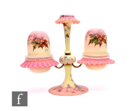 A late 19th Century Thomas Webb &amp; Sons Queen's Burmese ware glass epergne, with two branches each having folded crimped r