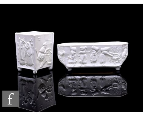 Two Victorian Sowerby white pressed glass vases in designs after Walter Crane, a square footed vase in Cross Patch design, pa