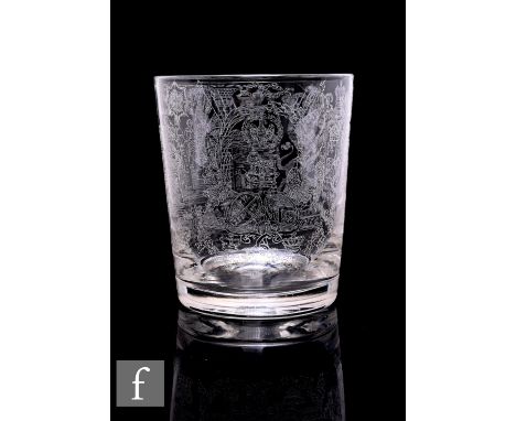 A 19th Century clear crystal glass tumbler of slightly flared cylindrical form, diamond point engraved in the manner of T Sut