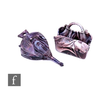 A Victorian Sowerby pressed glass Gladstone bag wall pocket, peacock head mark to base, together with a Sowerby bellows wall 