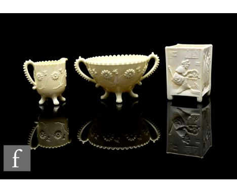 A Victorian Sowerby pressed glass Queen's Ivory Ware cream jug and sugar bowl in Daisy design, together with Queen's Ivory Wa