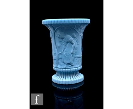A Victorian Sowerby pressed glass light blue vase in Pippin Hill design after Walter Crane, pattern 1300, Peacock head mark t