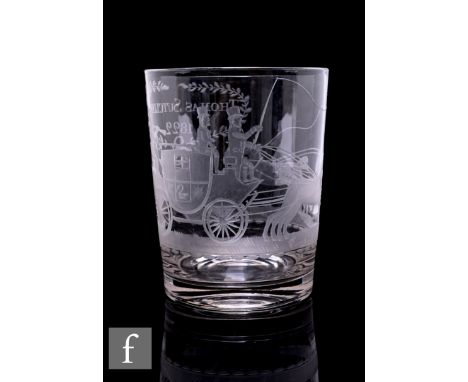 A late Georgian tumbler circa 1820, the body engraved with a coaching scene with four horse drawn coach with attendants, name