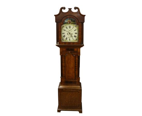 18th Century mahogany eight day long case clock with painted moon face dial, and subsidiary seconds dial to twin train moveme