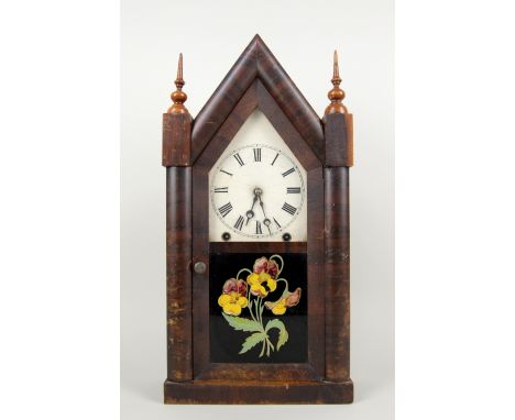 Early 20th century American mahogany cased mantel clock with painted glass panel with twin train movement, 50cm x 26cm  