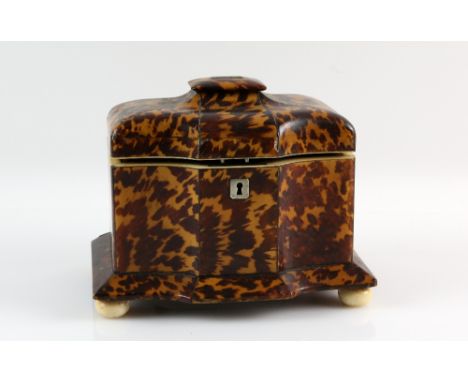 Early 19th century blonde tortoiseshell and ivory two compartment tea caddy, 20cm x 11cm x 15cmPLEASE NOTE: THIS ITEM CONTAIN