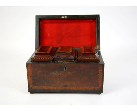 19th century mahogany and cross banded tea caddy with fully fitted interior 17cm high
