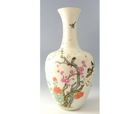 Chinese famille rose vase painted and enamelled in colours with four birds in blossoming shrubs with lingzhi mushrooms and a 