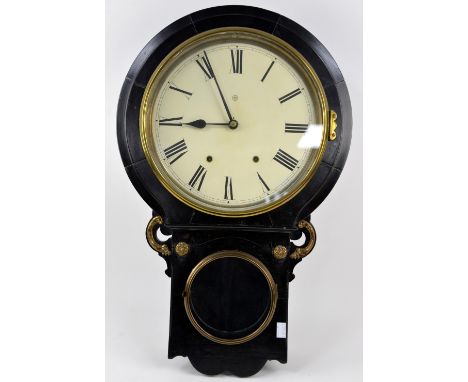 8 day drop dial wall clock by Seth Thomas, circa 1890. Black ebonised case with brass embellishments, 31cm  dial. Pendulum bo