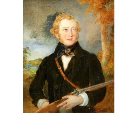 19th century miniature portrait of a young man with his rifle, on ivory, 12cm x 9cmPLEASE NOTE: THIS ITEM CONTAINS OR IS MADE
