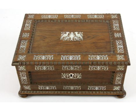 19th century rosewood and mother of pearl inlaid sewing work box with fitted interior, 22cm x 30cm x 14cmProvenance - Removed