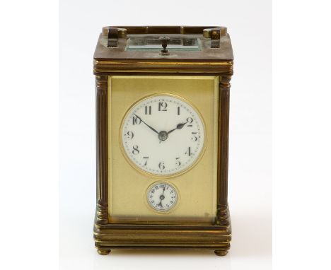 19th century French brass repeating carriage clock with white enamelled dial  and alarm dial 15cm Provenance -Removed for sal
