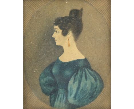 Early 19th Century watercolour miniature portrait of a woman in teal blue dress with puffed sleeves, 9cm x 7.5cm