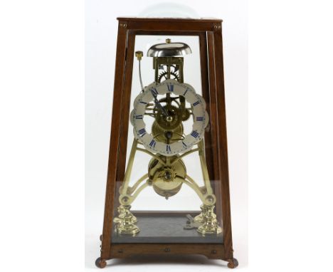 Brass  single fusee Skelton clock in oak and glass case  30cm 