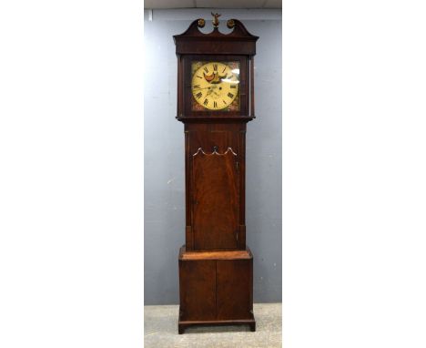 19th century mahogany longcase clock the eight day movement striking on a bell, painted face with subsidiary seconds dial and