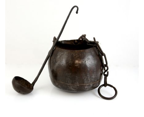 Antique Iron  pot with handle and hanging chain diameter with cast iron ladle 