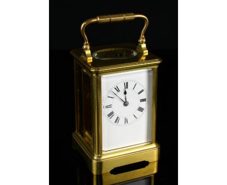 19th century Henri Jacot of Paris corniche-style brass and glass carriage clock, white enamelled dial plate with Roman numera