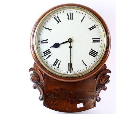 Mahogany drop dial wall clock circa 1860 -1870 with brass bezel and carved floral ears, 30cm painted dial with Roman numerals